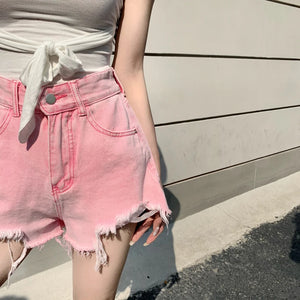 QOERLIN Women's Pink Denim Shorts Ripped High Waist Shorts Female  Sexy Summer Beach Hot Pants Chic Streetwear Women Clothing