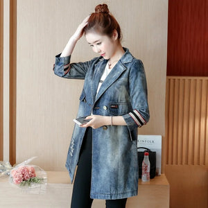 Collar Turn-Down Distressed Denim Windbreakers Vintage Double Breasted Slim Fit Long Trench Casual Female Office Spring Coats