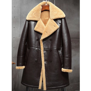 Mens Black Shearling Jacket B3 Flight Jacket Sheepskin Aviator Long Mens Winter Coats Fur Bomber Leather Jacket Trench Coat