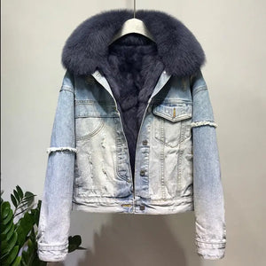 Winter Women's Warm Natural Fox Fur coat + Real Rabbit Hair Liner Denim Jacket Female Multiple Pockets Fur Outerwear F2433