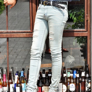 Ripped Hole Light Blue Mens Denim Pants Fashion Stretch Shinny Cowboy Trousers Korean New Brand Casual Pencil Pants Streetwear