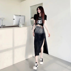 Sexy 2022 Wrap High Split Denim Skirt Women Fashion Streetwear Summer Gradient Colour High Waist Mid-Calf A Line Skirt Female