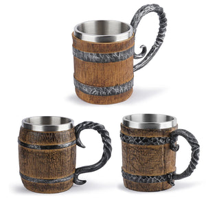 Viking Wood Style Beer Mug Simulation Wooden Barrel Beer Cup Double Wall Drinking Mug Metal Insulated Bar Drinking Coffee Cup