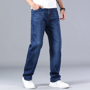 2023 New Classic Men's Thin Blue Jeans Advanced Stretch Loose Straight Denim Trousers Male Brand Pants Plus Size 40 42 44