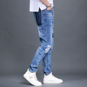 Summer New Men Loose Jeans Biker Blue Spliced Straight Denim Trousers Casual Preppy Style Zipper Thin Pants Male Pockets 28-36