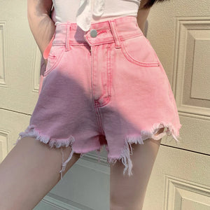 QOERLIN Women's Pink Denim Shorts Ripped High Waist Shorts Female  Sexy Summer Beach Hot Pants Chic Streetwear Women Clothing