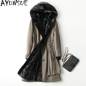 AYUNSUE 100% Real Mink Fur Liner Parka Female Winter 2021 Hooded Elegant Fur Coat Autumn Women's Clothing Casaco Feminino Gxy519