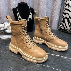 Winter Ankle Boots Women Motorcycle Boots Thick Sole Shoes Woman Casual Short Boots Leather Botas Mujer Lace Up Zapatos De Mujer