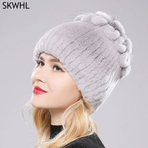 New Luxury Russia Winter Warm Real Fur Beanies Hat Women Real Natural Rex Rabbit Hat Good Elastic Knitted Rex Rabbit Fur Caps