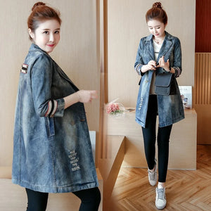 Collar Turn-Down Distressed Denim Windbreakers Vintage Double Breasted Slim Fit Long Trench Casual Female Office Spring Coats