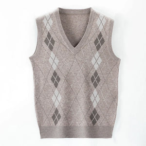 Men's Argyle Patterns Wool Knitwear High Quality Thick Sleeveless Sweater Men's V-Neck Plaid Warm Knit Vest Pullovers