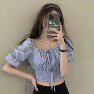 Off Shoulder Lace Up Bow Crop Top Blouse