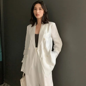 Cotton Women Linen Blazer Trousers 2 Piece Set Elegant Office Lady Solid White Double Breasted Thin Suit Jackets Loose Fit Pants