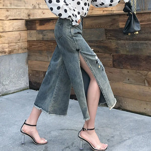 Ripped Hole Sequined High Waist Side Split Women Denim Pants Streetwear Ankle Length Female Casual Loose Straight Wide Leg Pants