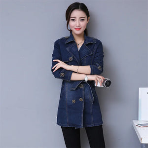 2024 Autumn Denim Jacket Coat Women Double-breasted Full Sleeves Vintage Windbreaker Female Long Jean Jacket Outerwear Tops R640