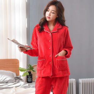 New Winter Red Striped Pajamas Couple Thick Fleece Pajama Sets Luxury Warm Sleepwear Suits Man Casual Home Clothes Pijamas Mujer