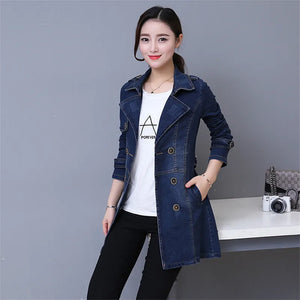 2024 Autumn Denim Jacket Coat Women Double-breasted Full Sleeves Vintage Windbreaker Female Long Jean Jacket Outerwear Tops R640