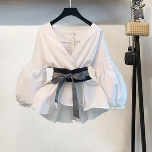 Lantern Sleeve Blouse Shirt Women 2023 Fashion Korean Style Summer Bow V-neck Striped Shirt Elegant Ladies Tops Female Clothing