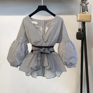 Lantern Sleeve Blouse Shirt Women 2023 Fashion Korean Style Summer Bow V-neck Striped Shirt Elegant Ladies Tops Female Clothing