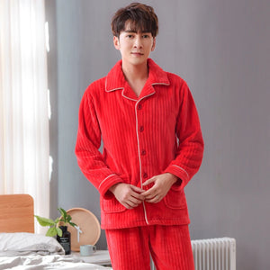 New Winter Red Striped Pajamas Couple Thick Fleece Pajama Sets Luxury Warm Sleepwear Suits Man Casual Home Clothes Pijamas Mujer