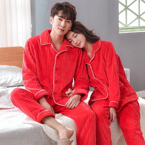 New Winter Red Striped Pajamas Couple Thick Fleece Pajama Sets Luxury Warm Sleepwear Suits Man Casual Home Clothes Pijamas Mujer