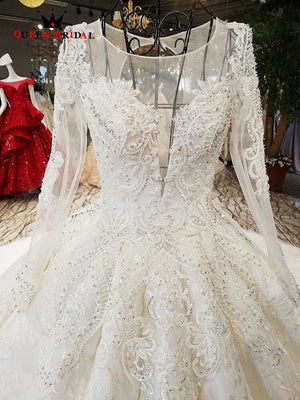 Real Sample Long Sleeves 2021 robe de mariee Ball Gown Lace Beaded vestido de noiva QUEEN BRIDAL Long Wedding Dresses WD101