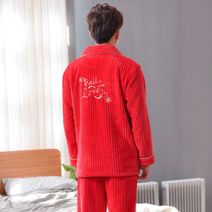 New Winter Red Striped Pajamas Couple Thick Fleece Pajama Sets Luxury Warm Sleepwear Suits Man Casual Home Clothes Pijamas Mujer