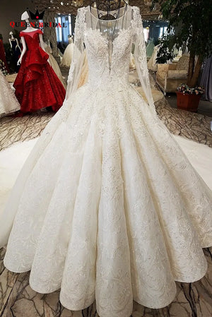 Real Sample Long Sleeves 2021 robe de mariee Ball Gown Lace Beaded vestido de noiva QUEEN BRIDAL Long Wedding Dresses WD101