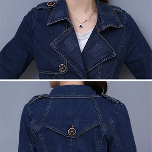 2024 Autumn Denim Jacket Coat Women Double-breasted Full Sleeves Vintage Windbreaker Female Long Jean Jacket Outerwear Tops R640