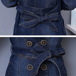 2024 Autumn Denim Jacket Coat Women Double-breasted Full Sleeves Vintage Windbreaker Female Long Jean Jacket Outerwear Tops R640