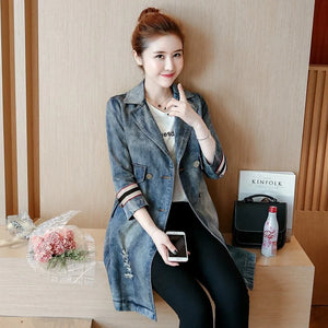 Collar Turn-Down Distressed Denim Windbreakers Vintage Double Breasted Slim Fit Long Trench Casual Female Office Spring Coats