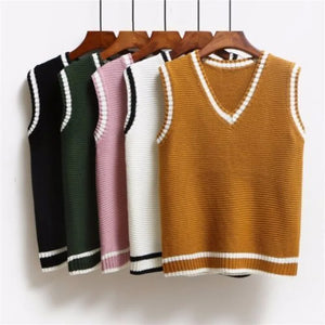 Korean Style Fashion Women Sleeveless Sweater Vest 2024 V Neck Knitted Pullover Female Spring Fall Jumper Top Knitwear Outerwear