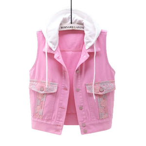 Denim Vest Women's Thin Spring Summer Clothes Lace Embroidered Pocket Short Female Pink Waistcoat With Detachable Hat Waistcoat