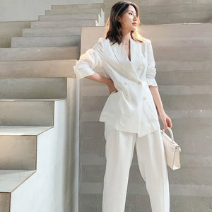 Cotton Women Linen Blazer Trousers 2 Piece Set Elegant Office Lady Solid White Double Breasted Thin Suit Jackets Loose Fit Pants