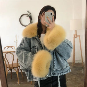 Winter Thick Warm Coat Women Real Fur Denim Jacket 2020 New Korean Fox Fur Collar Rex Rabbit Liner Bat Sleeve Loose Female Parka