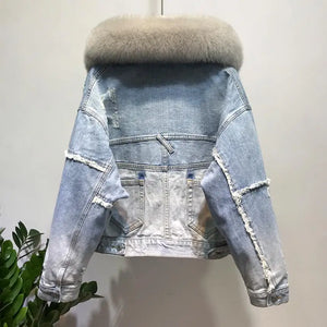 Winter Women's Warm Natural Fox Fur coat + Real Rabbit Hair Liner Denim Jacket Female Multiple Pockets Fur Outerwear F2433