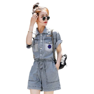 Short Fashion Jean Jumpsuit Women Rompers Summer Sweet Short Sleeve Denim Overalls Multi-Pockets Single Breasted Casual Shorts