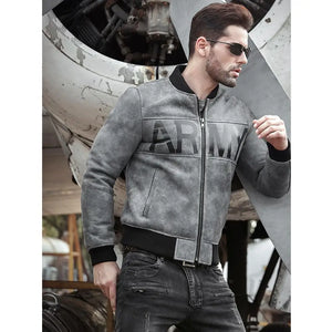 Mens Gray Shearling Coat Sheepskin Leather Overcoat Motorcycle B3 Flight Jacket Baseball Uniform