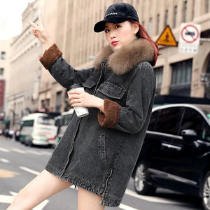 Winter Women Medium Long Loose Jean Cotton Coat Fashion Thick Fox Fur Covered Button Turn-down Collar Denim Jacket Female