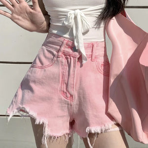 QOERLIN Women's Pink Denim Shorts Ripped High Waist Shorts Female  Sexy Summer Beach Hot Pants Chic Streetwear Women Clothing