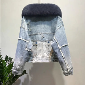 Winter Women's Warm Natural Fox Fur coat + Real Rabbit Hair Liner Denim Jacket Female Multiple Pockets Fur Outerwear F2433