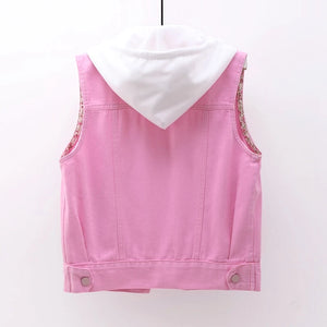 Denim Vest Women's Thin Spring Summer Clothes Lace Embroidered Pocket Short Female Pink Waistcoat With Detachable Hat Waistcoat