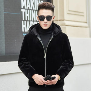 Solid Black Hooded Jacket Men Double-Faced Fur Cashmere Faux Leather Coat Slim Fit Warm Plus Size 4XL Luxury Clothes 2020 New