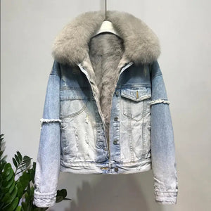 Winter Women's Warm Natural Fox Fur coat + Real Rabbit Hair Liner Denim Jacket Female Multiple Pockets Fur Outerwear F2433