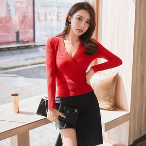 Short Basic Sweaters Women 2023 Sexy Deep V Neck Sweater Women's Pullover Slim Bottoming Sweaters Female Elastic Cotton Tops