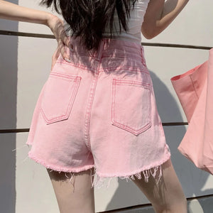 QOERLIN Women's Pink Denim Shorts Ripped High Waist Shorts Female  Sexy Summer Beach Hot Pants Chic Streetwear Women Clothing