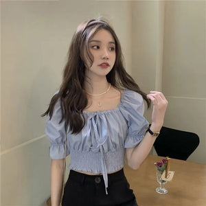 Off Shoulder Lace Up Bow Crop Top Blouse