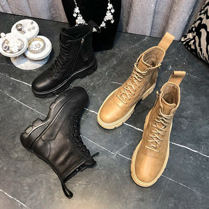 Winter Ankle Boots Women Motorcycle Boots Thick Sole Shoes Woman Casual Short Boots Leather Botas Mujer Lace Up Zapatos De Mujer