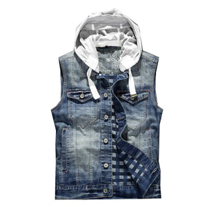 Hooded Men Detachable Denim Vest College Vintage Sleeveless Jacket Male Teenager Slim Fit Casual Blue Biker Waistcoat S-3XL