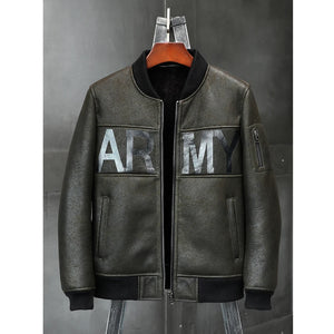 Mens Gray Shearling Coat Sheepskin Leather Overcoat Motorcycle B3 Flight Jacket Baseball Uniform